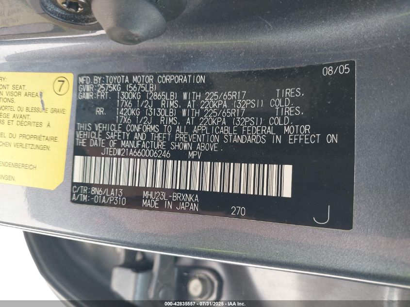 2006 Toyota Highlander Hybrid Limited V6 VIN: JTEDW21A660006246 Lot: 42835557