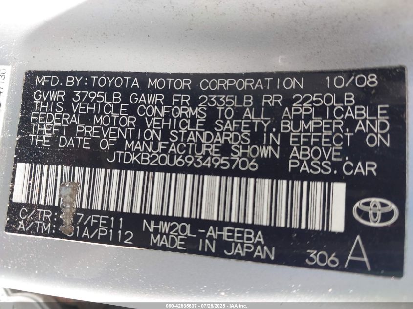 2009 Toyota Prius VIN: JTDKB20U693495706 Lot: 42835637
