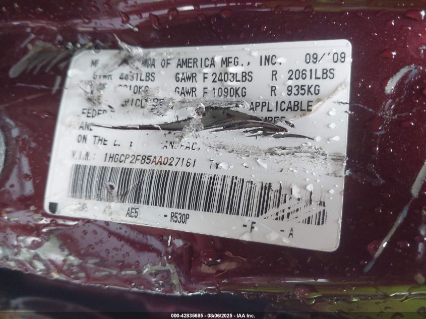 2010 Honda Accord 2.4 Ex-L VIN: 1HGCP2F85AA027161 Lot: 42835685
