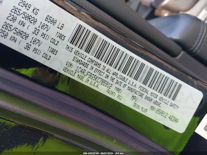 2019 Jeep Grand Cherokee Limited X 4X4 VIN: 1C4RJFBG5KC785912 Lot: 42835746