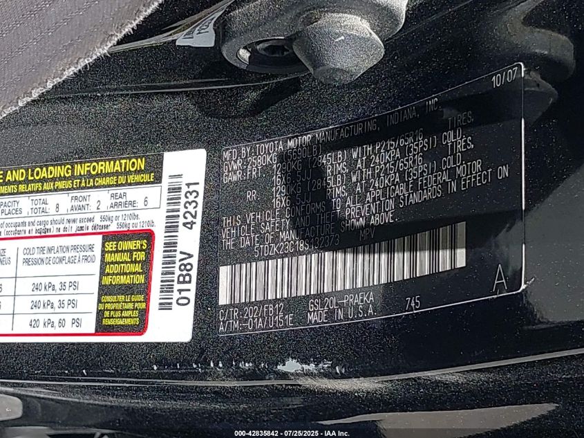 2008 Toyota Sienna Ce VIN: 5TDZK23C18S132373 Lot: 42835842