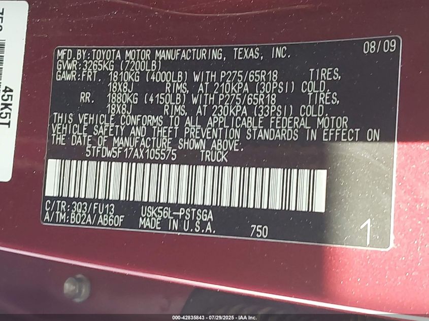 2010 Toyota Tundra Grade 5.7L V8 VIN: 5TFDW5F17AX105575 Lot: 42835843