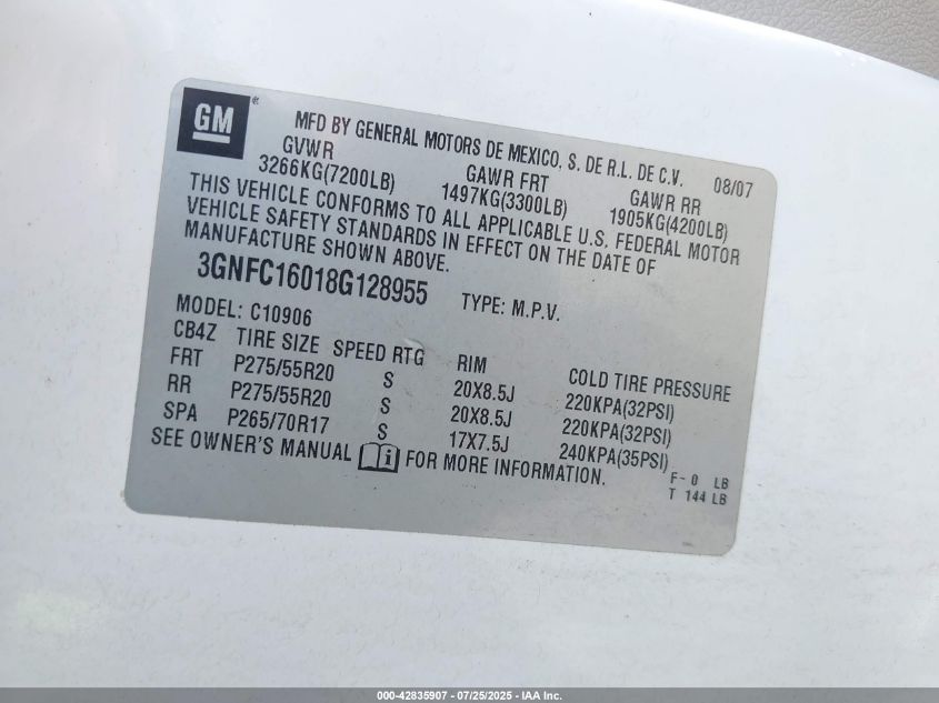 2008 Chevrolet Suburban 1500 Lt VIN: 3GNFC16018G128955 Lot: 42835907