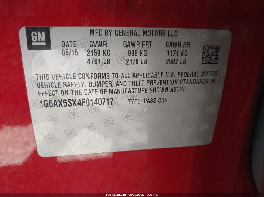 2015 Cadillac Cts Luxury VIN: 1G6AX5SX4F0140717 Lot: 42835316