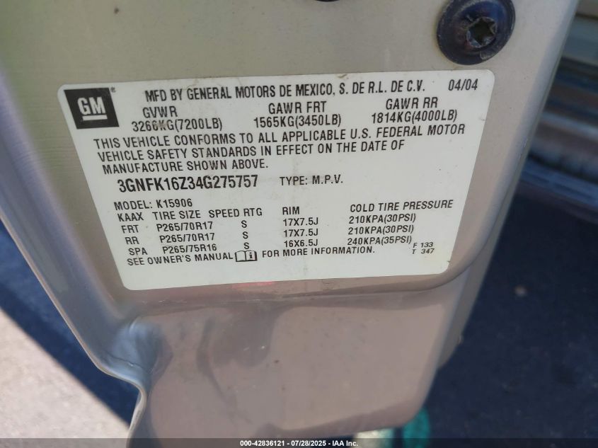2004 Chevrolet Suburban 1500 Z71 VIN: 3GNFK16Z34G275757 Lot: 42836121