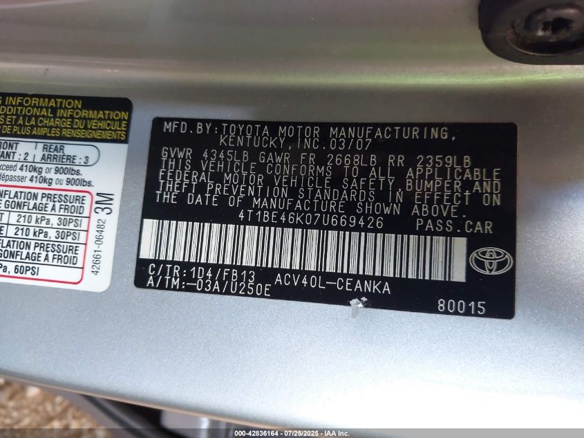 2007 Toyota Camry Le VIN: 4T1BE46K07U669426 Lot: 42836164