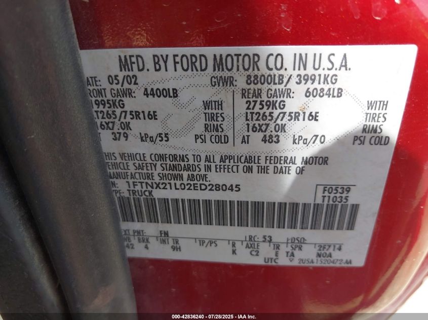 2002 Ford F-250 Lariat/Xl/Xlt VIN: 1FTNX21L02ED28045 Lot: 42836240