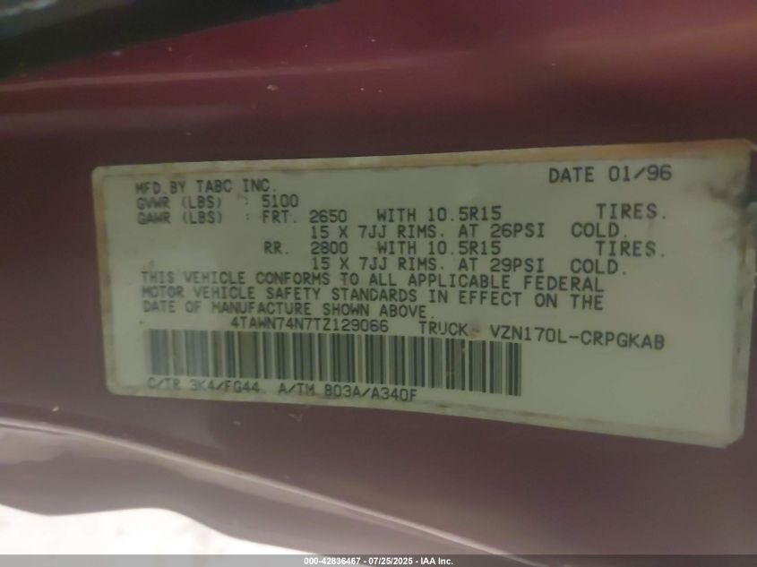 1996 Toyota Tacoma Xtracab Sr5 VIN: 4TAWN74N7TZ129066 Lot: 42836467