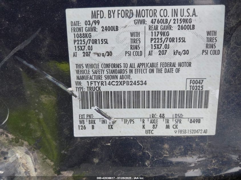 1999 Ford Ranger Xl/Xlt VIN: 1FTYR14C2XPB24534 Lot: 42836617