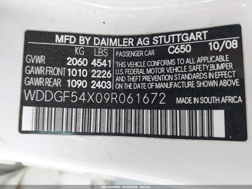 2009 Mercedes-Benz C 300 Luxury/Sport VIN: WDDGF54X09R061672 Lot: 42836653