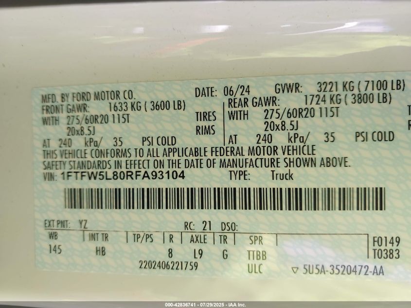 2024 Ford F-150 - 1FTFW5L80RFA93104