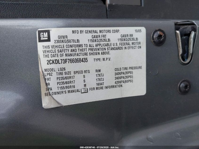 2006 Pontiac Torrent VIN: 2CKDL73F766068435 Lot: 42836746