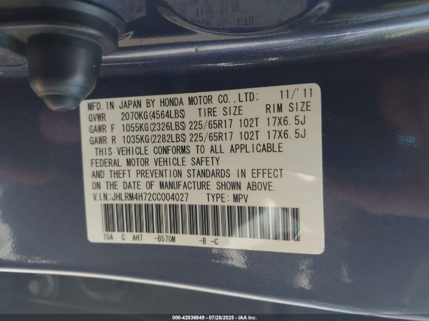 2012 Honda Cr-V Ex-L VIN: JHLRM4H72CC004027 Lot: 42836849