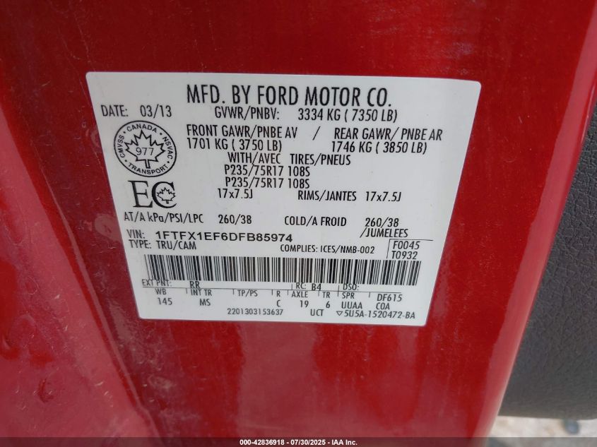 2013 Ford F-150 Xlt VIN: 1FTFX1EF6DFB85974 Lot: 42836918