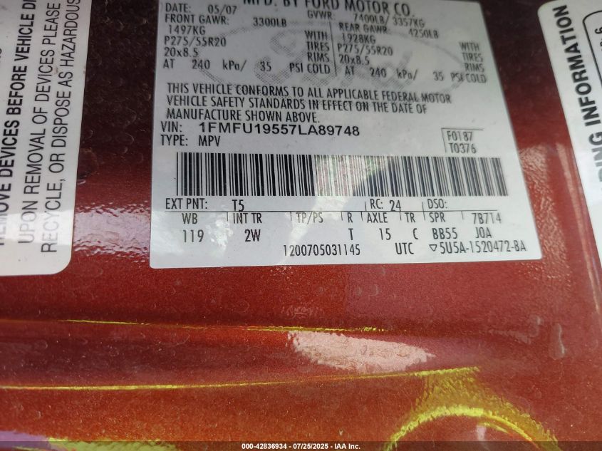 2007 Ford Expedition Limited VIN: 1FMFU19557LA89748 Lot: 42836934