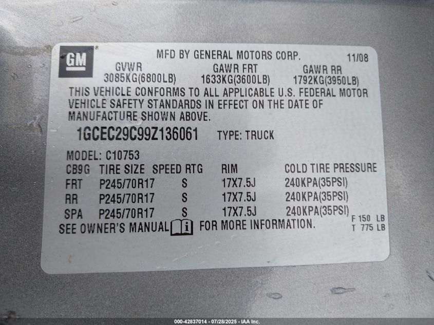 2009 Chevrolet Silverado 1500 Lt VIN: 1GCEC29C99Z136061 Lot: 42837014
