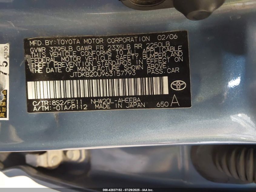 2006 Toyota Prius VIN: JTDKB20U963157793 Lot: 42837152