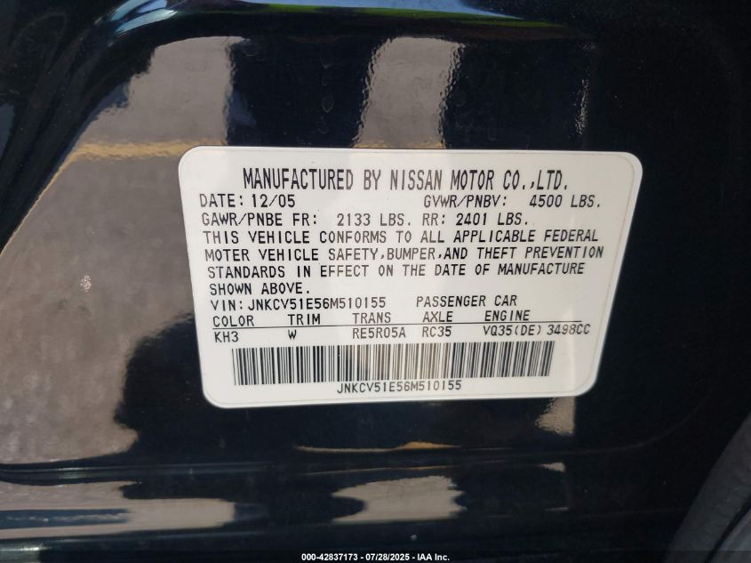 2006 Infi G35 VIN: JNKCV51ESM510155 Lot: 42837173