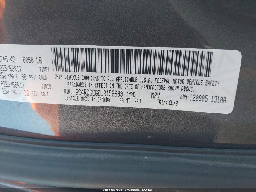 2018 Dodge Grand Caravan Sxt VIN: 2C4RDGCG8JR159899 Lot: 42837233