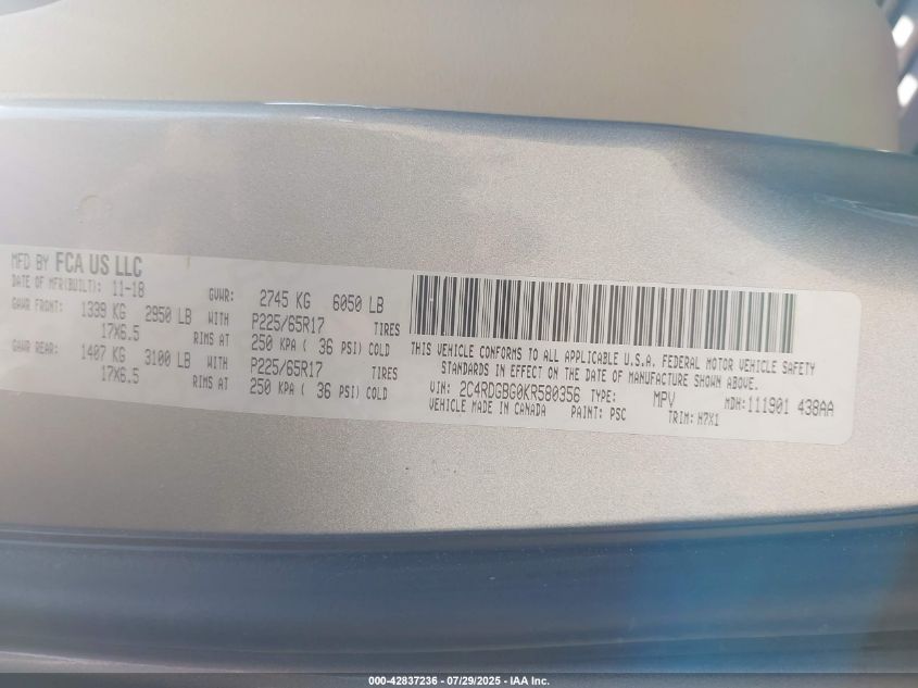 2019 Dodge Grand Caravan Se VIN: 2C4RDGBG0KR580356 Lot: 42837236