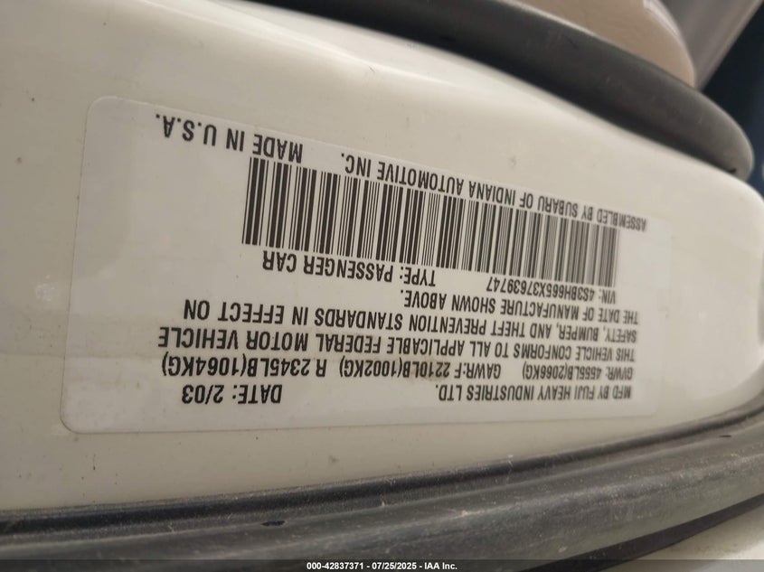 2003 Subaru Outback VIN: 4S3BH665X37639747 Lot: 42837371