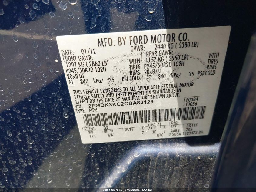 2012 Ford Edge Limited VIN: 2FMDK3KC2CBA82123 Lot: 42837375