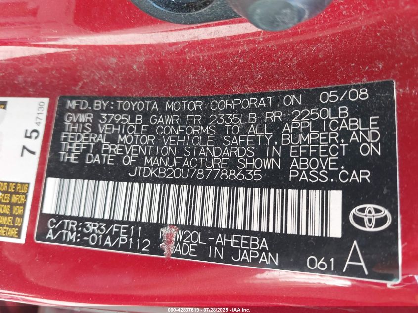 2008 Toyota Prius VIN: JTDKB20U787788635 Lot: 42837619