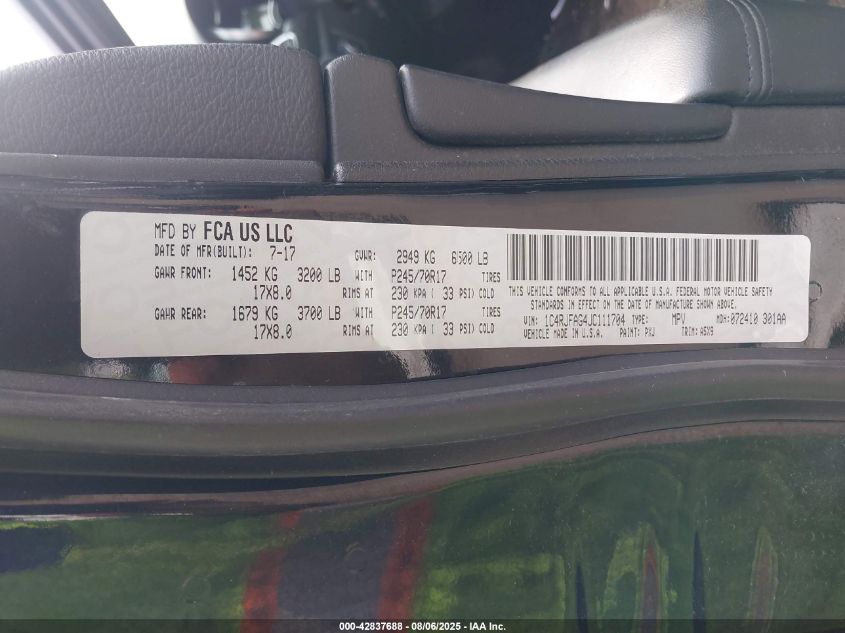 2018 Jeep Grand Cherokee Laredo E 4X4 VIN: 1C4RJFAG4JC111704 Lot: 42837688