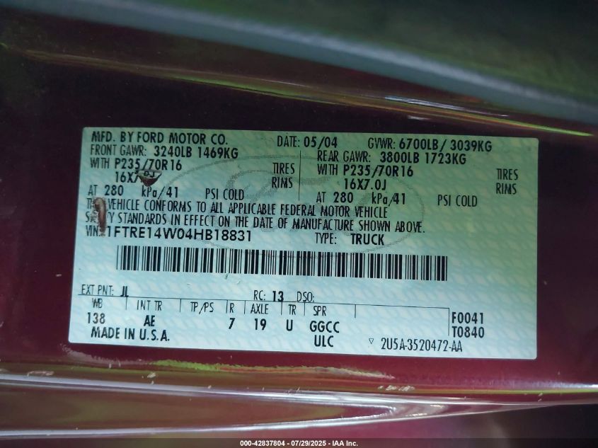 2004 Ford E-150 Commercial/Recreational VIN: 1FTRE14W04HB18831 Lot: 42837804