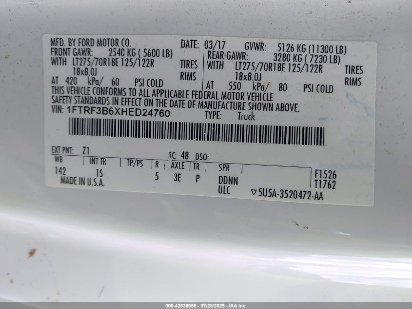 2017 Ford F-350 Xl VIN: 1FTRF3B6XHED24760 Lot: 42838055