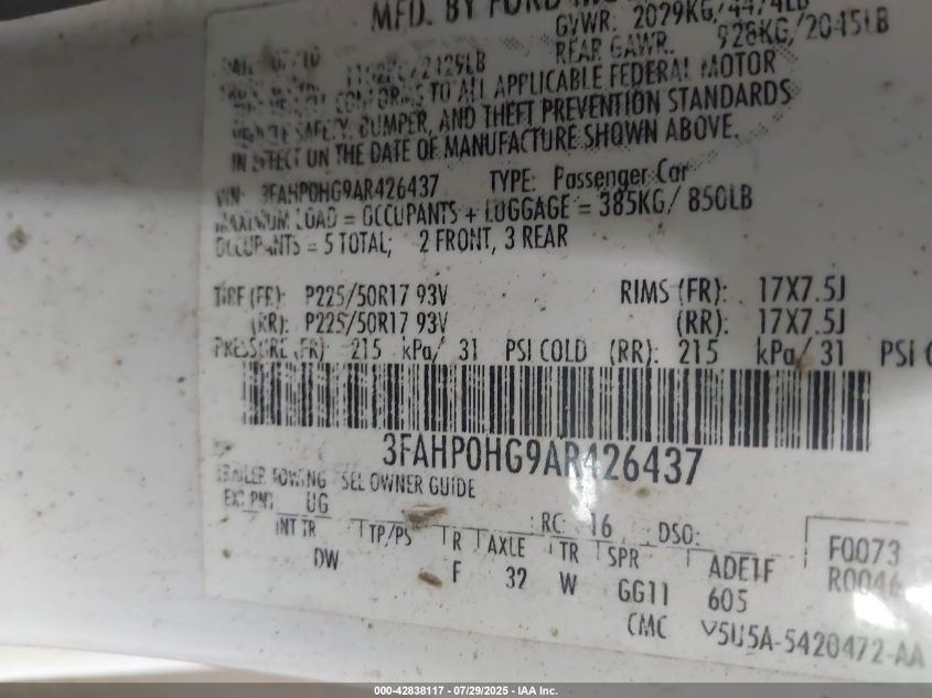 2010 Ford Fusion VIN: 3FAHT0HG9AR426437 Lot: 42838117