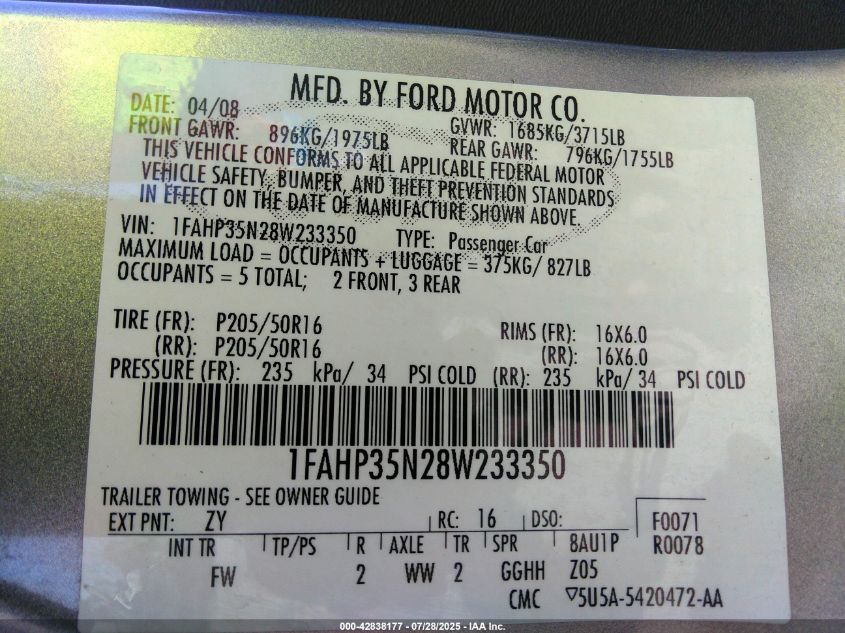 2008 Ford Focus Se VIN: 1FAHP35N28W233350 Lot: 42838177