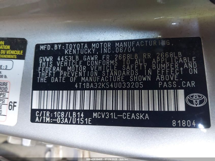 2004 Toyota Camry Se V6 VIN: 4T1BA32K54U033205 Lot: 42838405