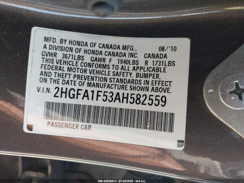 2010 Honda Civic Lx VIN: 2HGFA1F53AH582559 Lot: 42838411