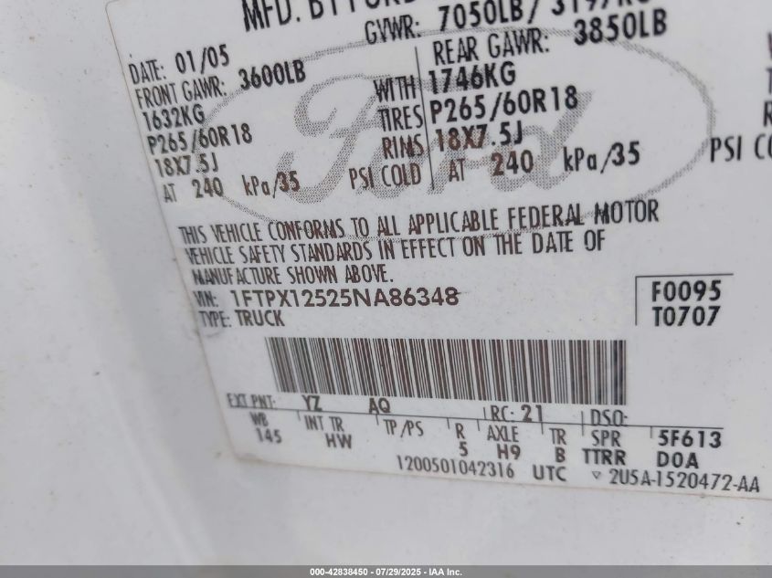 2005 Ford F-150 Lariat/Xl/Xlt VIN: 1FTPX12525NA86348 Lot: 42838450