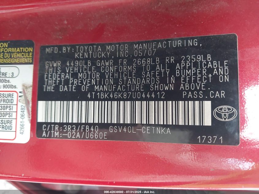 2007 Toyota Camry Le V6 VIN: 4T1BK46K87U044412 Lot: 42838580