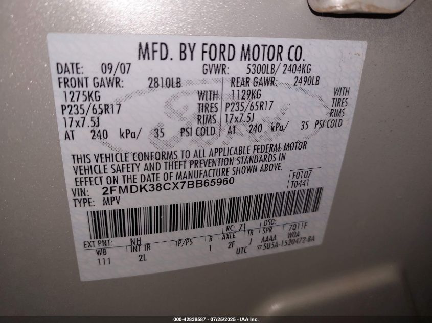 2007 Ford Edge Sel VIN: 2FMDK38CX7BB65960 Lot: 42838587