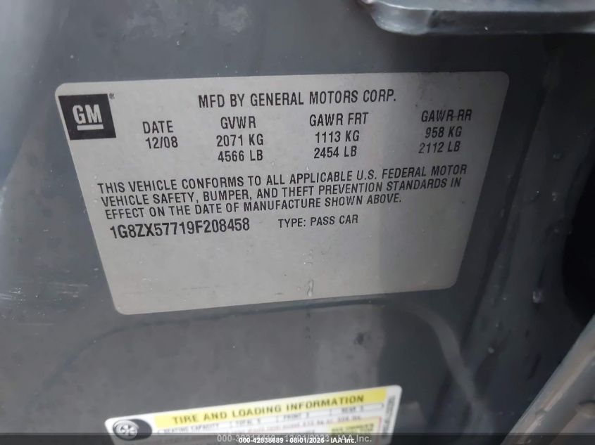 2009 Saturn Aura Xr VIN: 1G8ZX57719F208458 Lot: 42838689