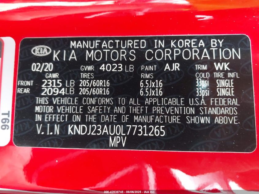 2020 Kia Soul Lx VIN: KNDJ23AU0L7731265 Lot: 42838745