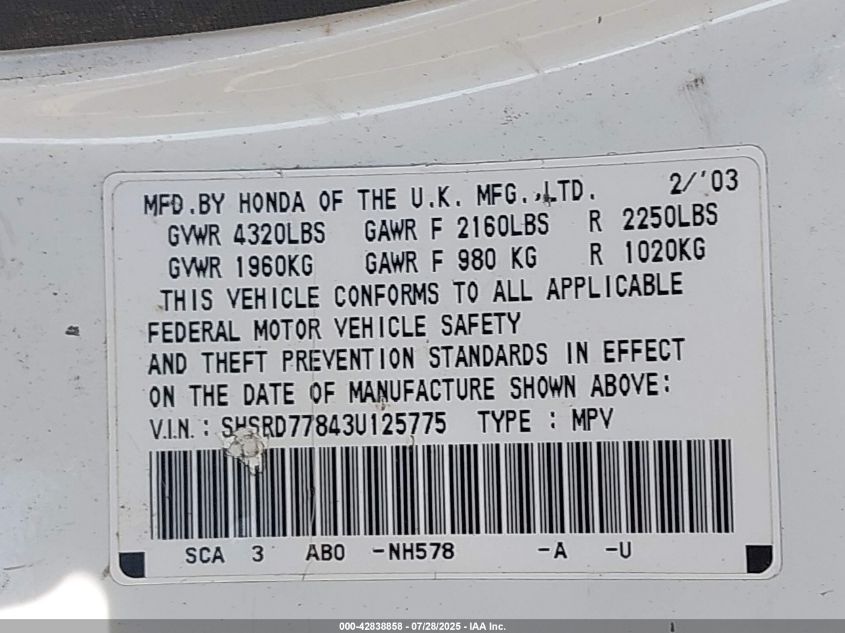 2003 Honda Cr-V Ex VIN: SHSRD77843U125775 Lot: 42838858