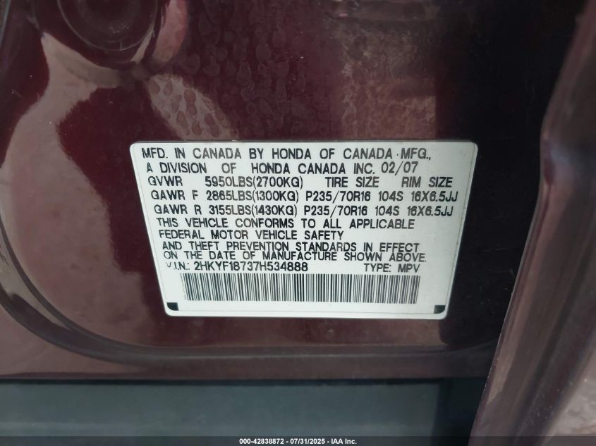 2007 Honda Pilot Ex-L VIN: 2HKYF18737H534888 Lot: 42838872