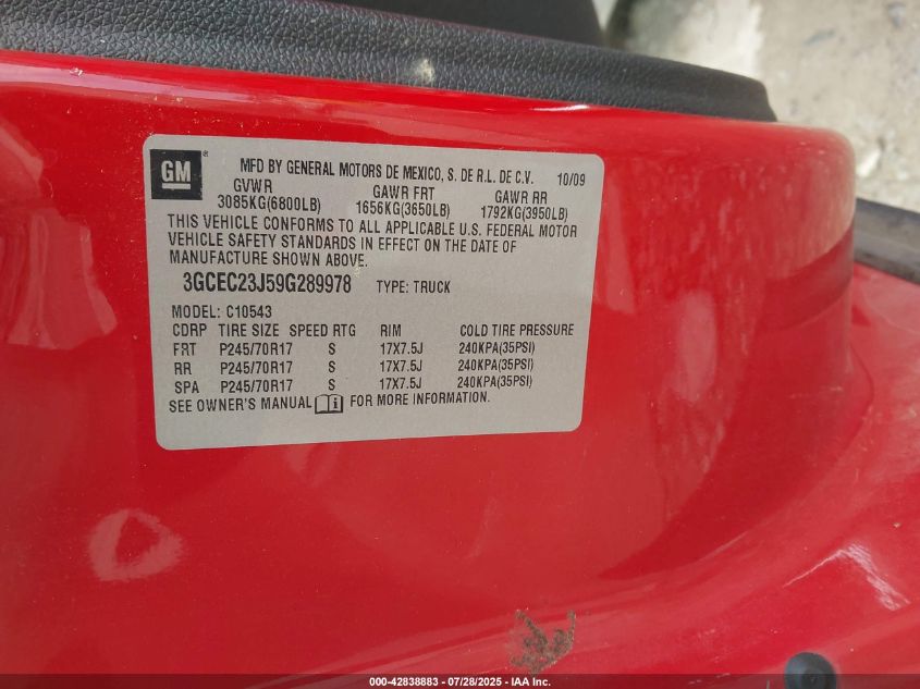 2009 Chevrolet Silverado 1500 Lt VIN: 3GCEC23J59G289978 Lot: 42838883