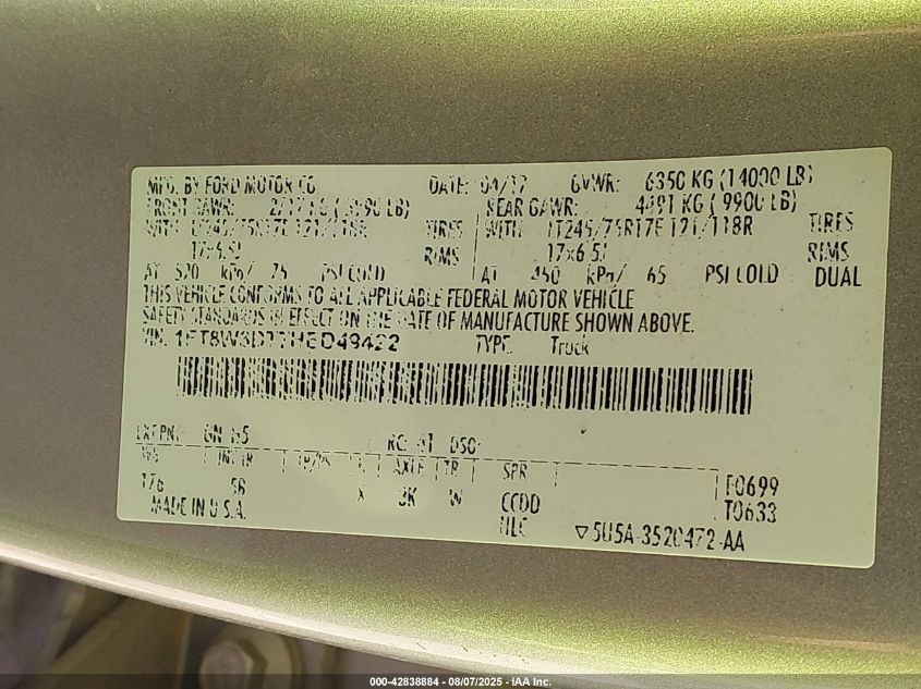 2017 Ford F-350 Lariat VIN: 1FT8W3DT7HED49422 Lot: 42838884