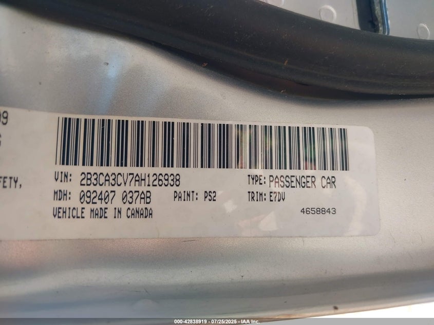 2010 Dodge Charger Sxt VIN: 2B3CA3CV7AH126938 Lot: 42838919