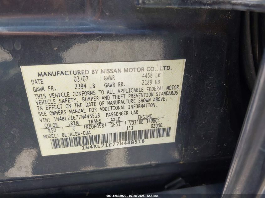 2007 Nissan Altima 3.5 Sl VIN: 1N4BL21E77N448518 Lot: 42838922
