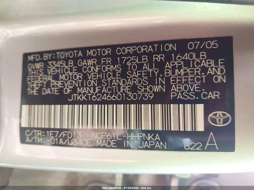 2006 Scion Xa VIN: JTKKT624660130739 Lot: 42839030