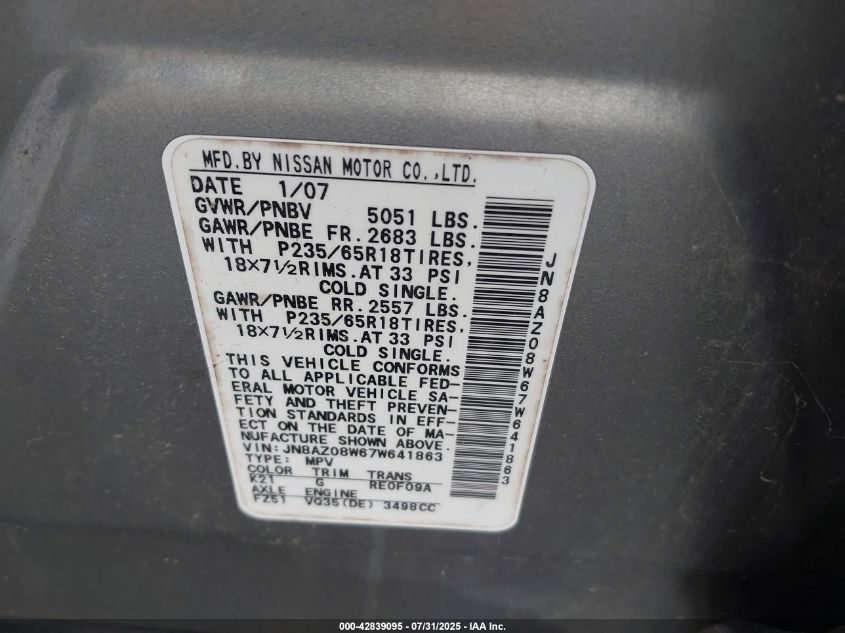 2007 Nissan Murano Sl VIN: JN8AZ08W67W641863 Lot: 42839095