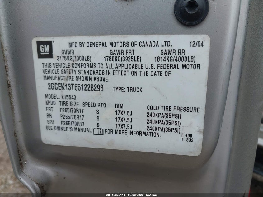 2005 Chevrolet Silverado 1500 Z71 VIN: 2GCEK13T651228298 Lot: 42839111