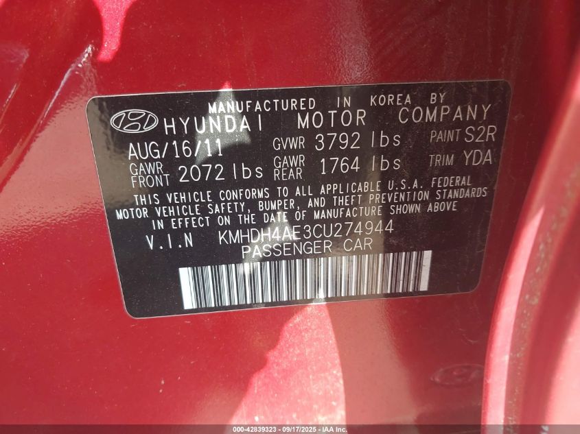 2012 Hyundai Elantra Limited (Ulsan Plant) VIN: KMHDH4AE3CU274944 Lot: 42839323