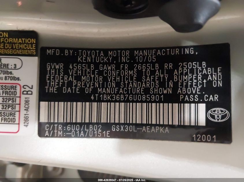 2006 Toyota Avalon Limited VIN: 4T1BK36B76U085901 Lot: 42839347